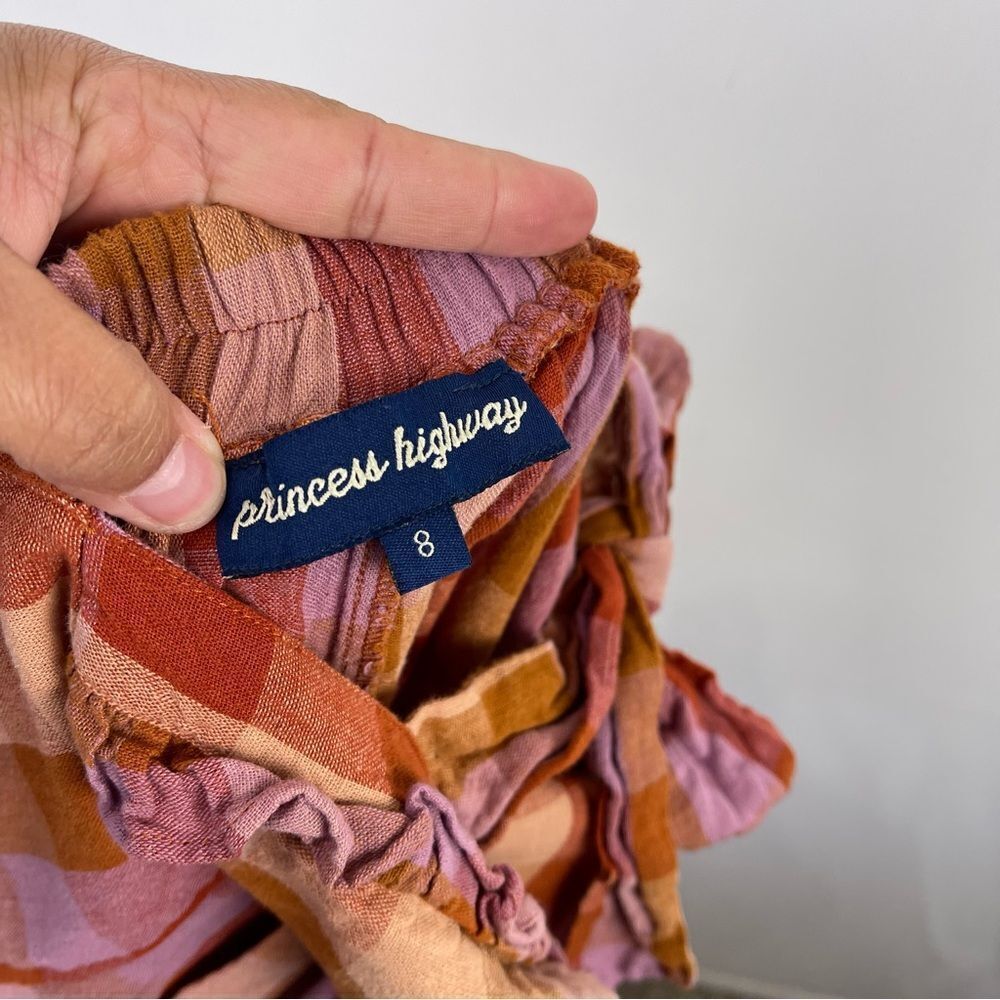 ModCloth Princess Highway Linen Prairie Jumpsuit S Orange Check Boho Ruffle - Picture 7 of 15